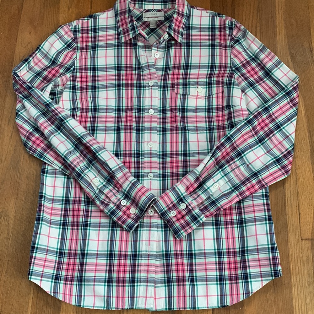 J. Crew Pink and Green Plaid Button Down Shirt